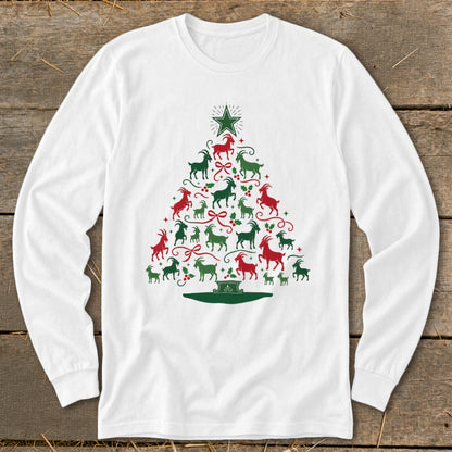 White long-sleeved shirt with red and green goat silhouettes forming a Christmas tree.
