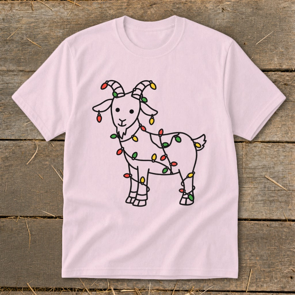 Pink t-shirt with a cartoon goat wrapped in colorful Christmas lights.