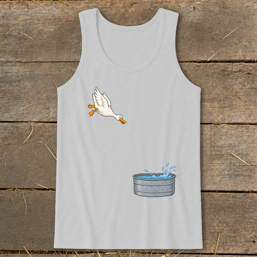 Light gray tank top with cartoon of a white duck jumping into a galvanized tub of water.