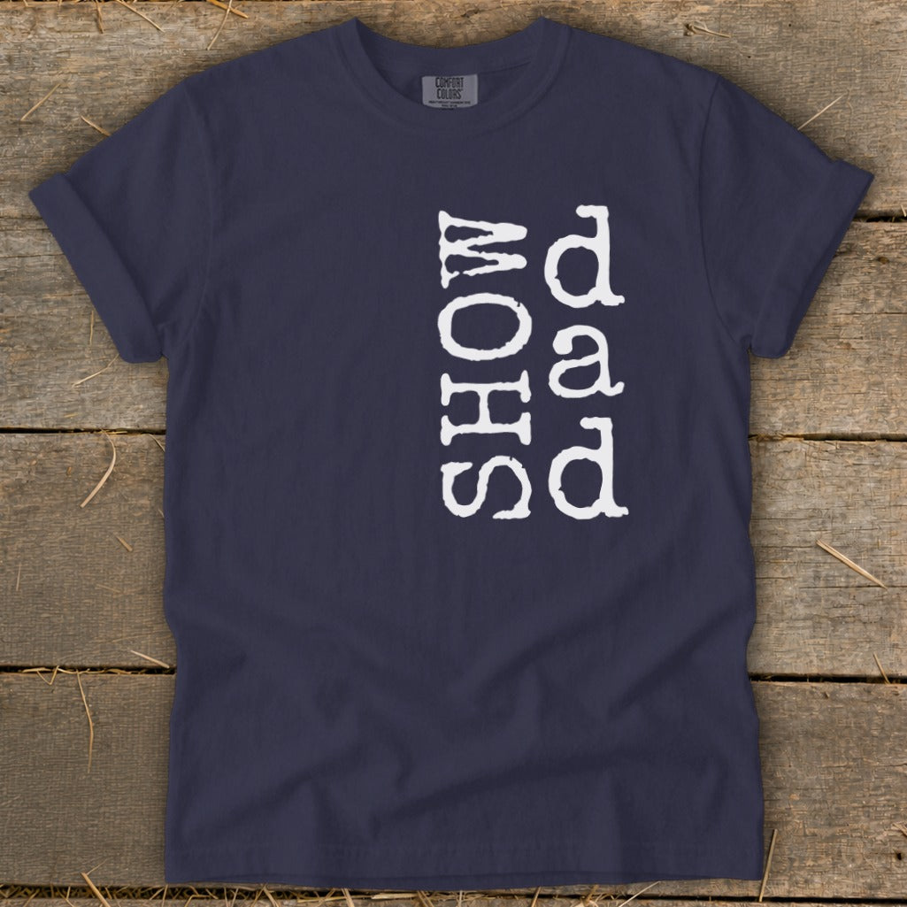 Navy t-shirt with "SHOW DAD" text printed vertically in white.