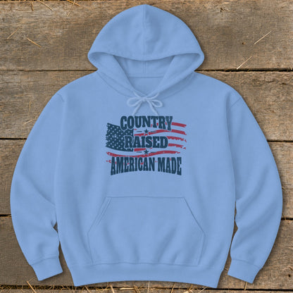 Light blue hoodie with "Country Raised American Made" text and American flag graphic.