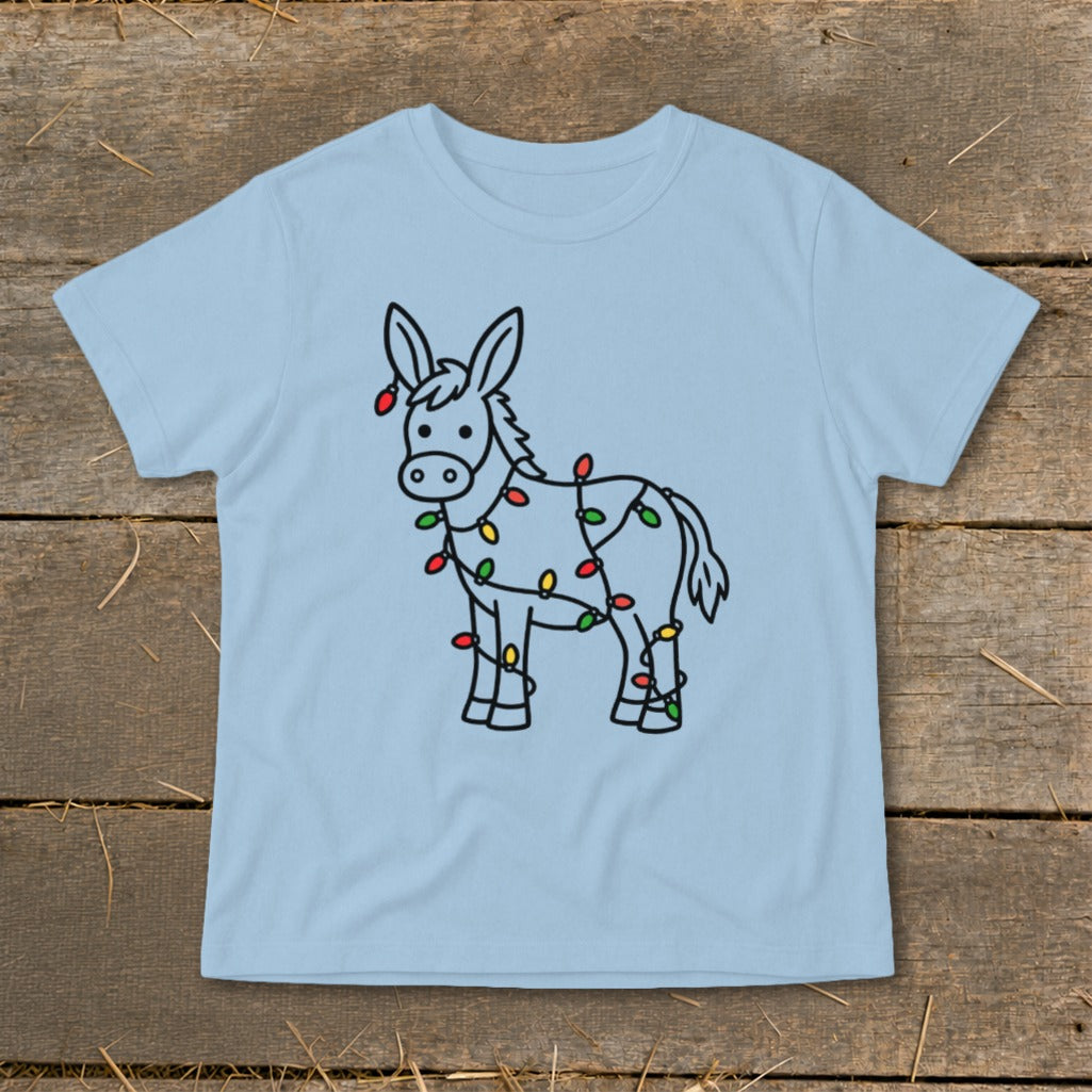 Light blue t-shirt with a cartoon donkey covered in colorful Christmas lights.