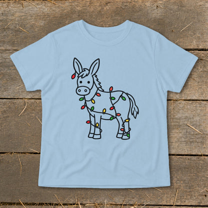 Light blue t-shirt with a cartoon donkey covered in colorful Christmas lights.