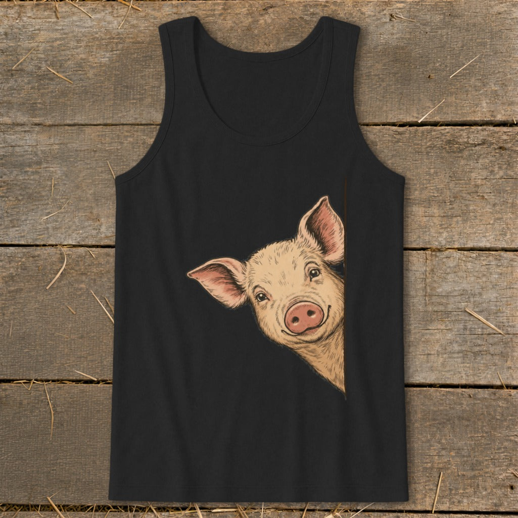Black tank top with a drawing of a pig peeking from the side.