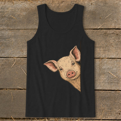Black tank top with a drawing of a pig peeking from the side.