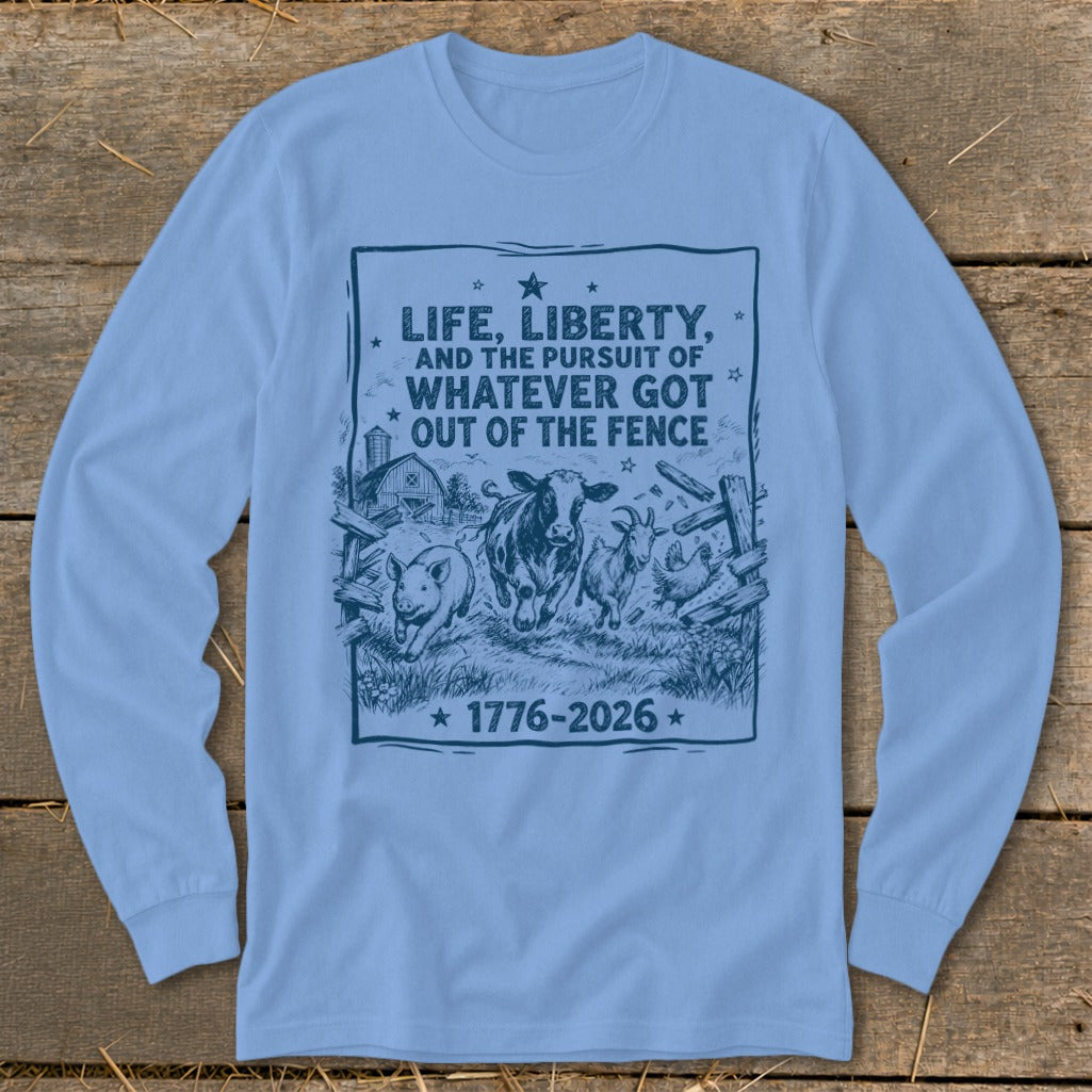 Blue long sleeve shirt with graphic of farm animals running out of a fence.