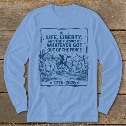 Blue long sleeve shirt with graphic of farm animals running out of a fence.