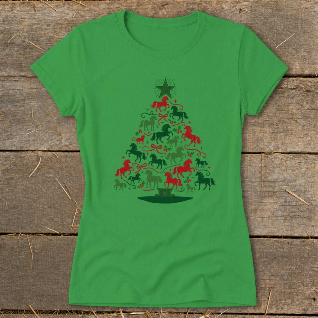 Green t-shirt with Christmas tree design made of red and green horses and bows.