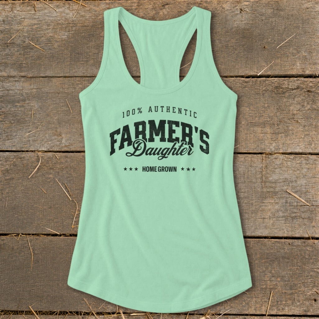 Mint green racerback tank top with "100% Authentic Farmer's Daughter Home Grown" text.