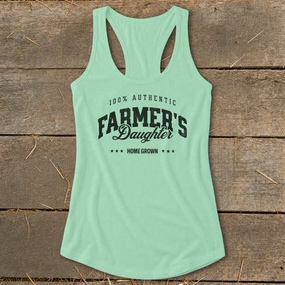 Mint green racerback tank top with "100% Authentic Farmer's Daughter Home Grown" text.