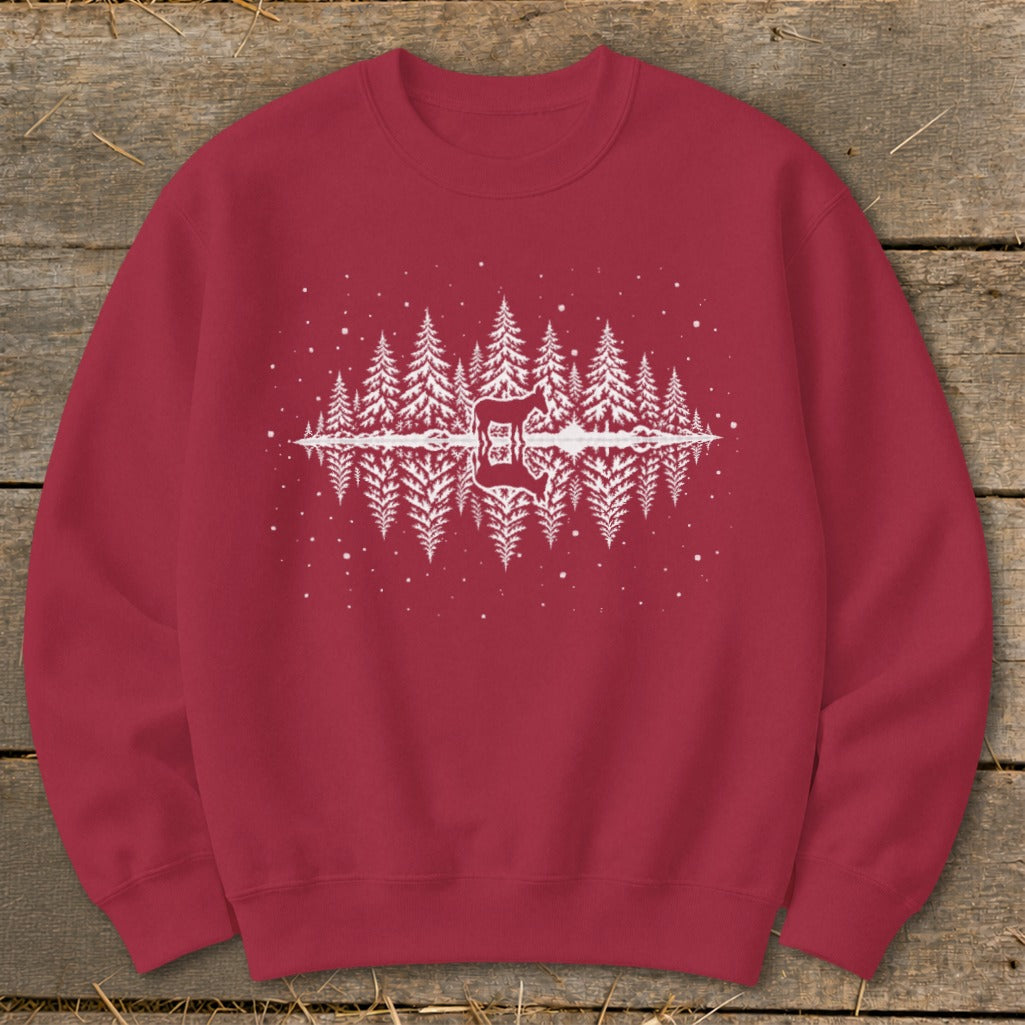 Red crewneck sweatshirt with white forest reflection and deer graphic.