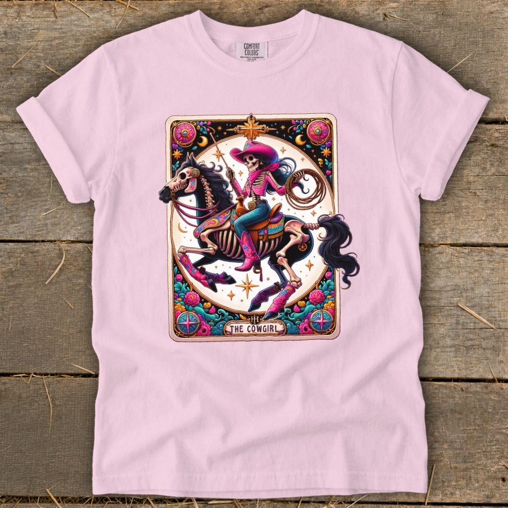 Skeleton cowgirl on a horse, "The Cowgirl" tarot card design.