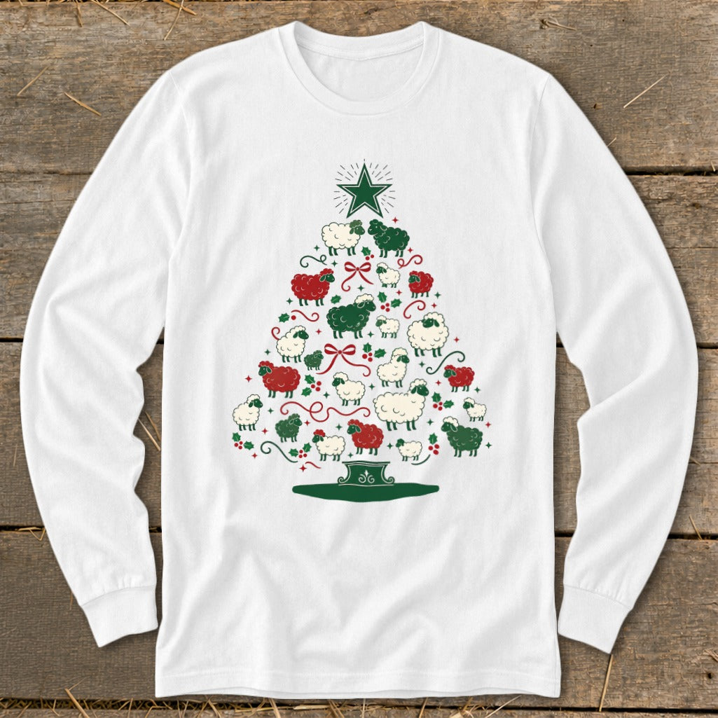 White long sleeve shirt with a Christmas tree made of red and green sheep.