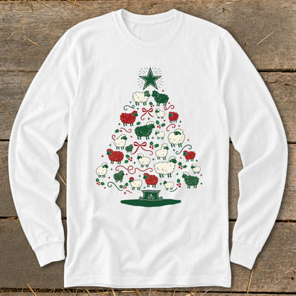 White long sleeve shirt with a Christmas tree made of red and green sheep.