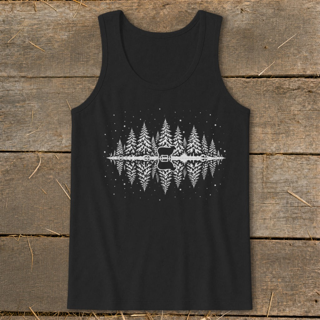 Black tank top with white silhouette of trees, deer, and reflection.