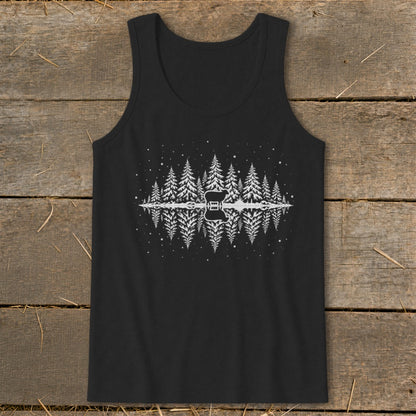 Black tank top with white silhouette of trees, deer, and reflection.