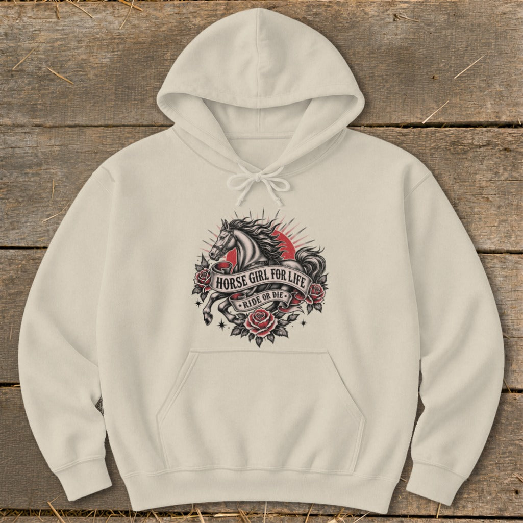 Cream hoodie with a black and white horse graphic, red sun, and roses with text.