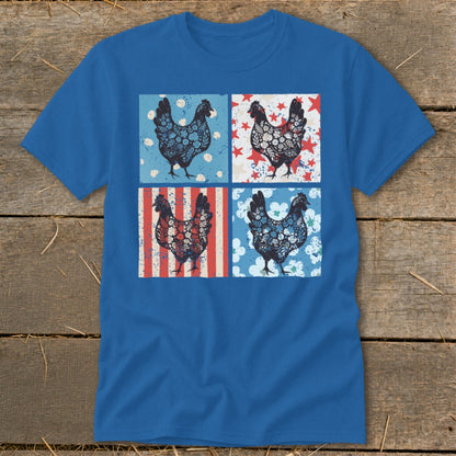 Blue t-shirt with four patriotic chickens in square panels.