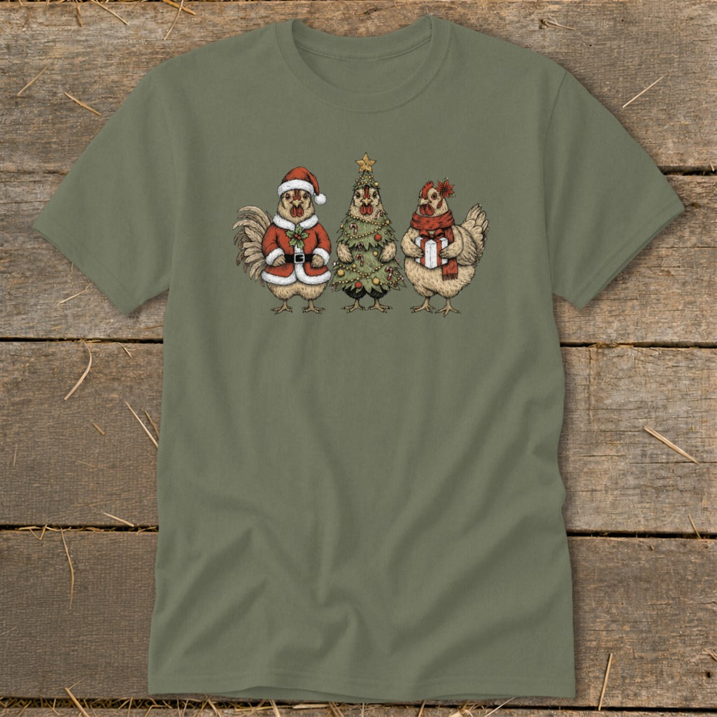 Three chickens dressed for Christmas: one as Santa, one as a tree, one with a gift.