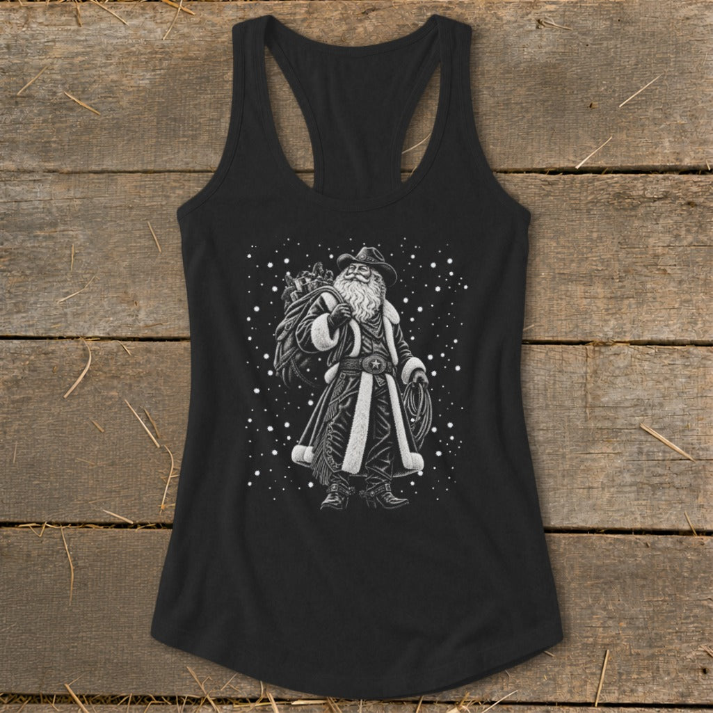 Black tank top featuring cowboy Santa Claus graphic with sack and lasso.