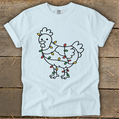 White t-shirt with a black outline drawing of a chicken wrapped in colorful Christmas lights.