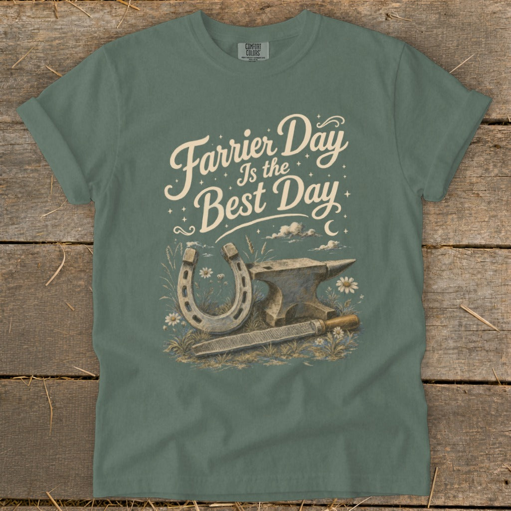 Green t-shirt with "Farrier Day Is the Best Day" text, horseshoe, anvil, and rasp graphic.