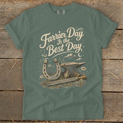 Green t-shirt with "Farrier Day Is the Best Day" text, horseshoe, anvil, and rasp graphic.