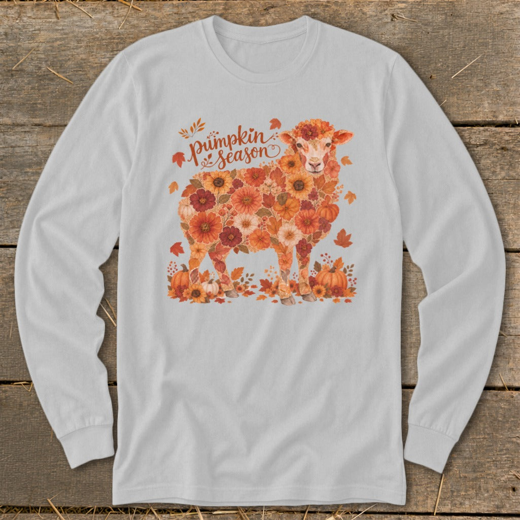Long sleeve shirt with floral sheep and pumpkins design, reads "Pumpkin Season".