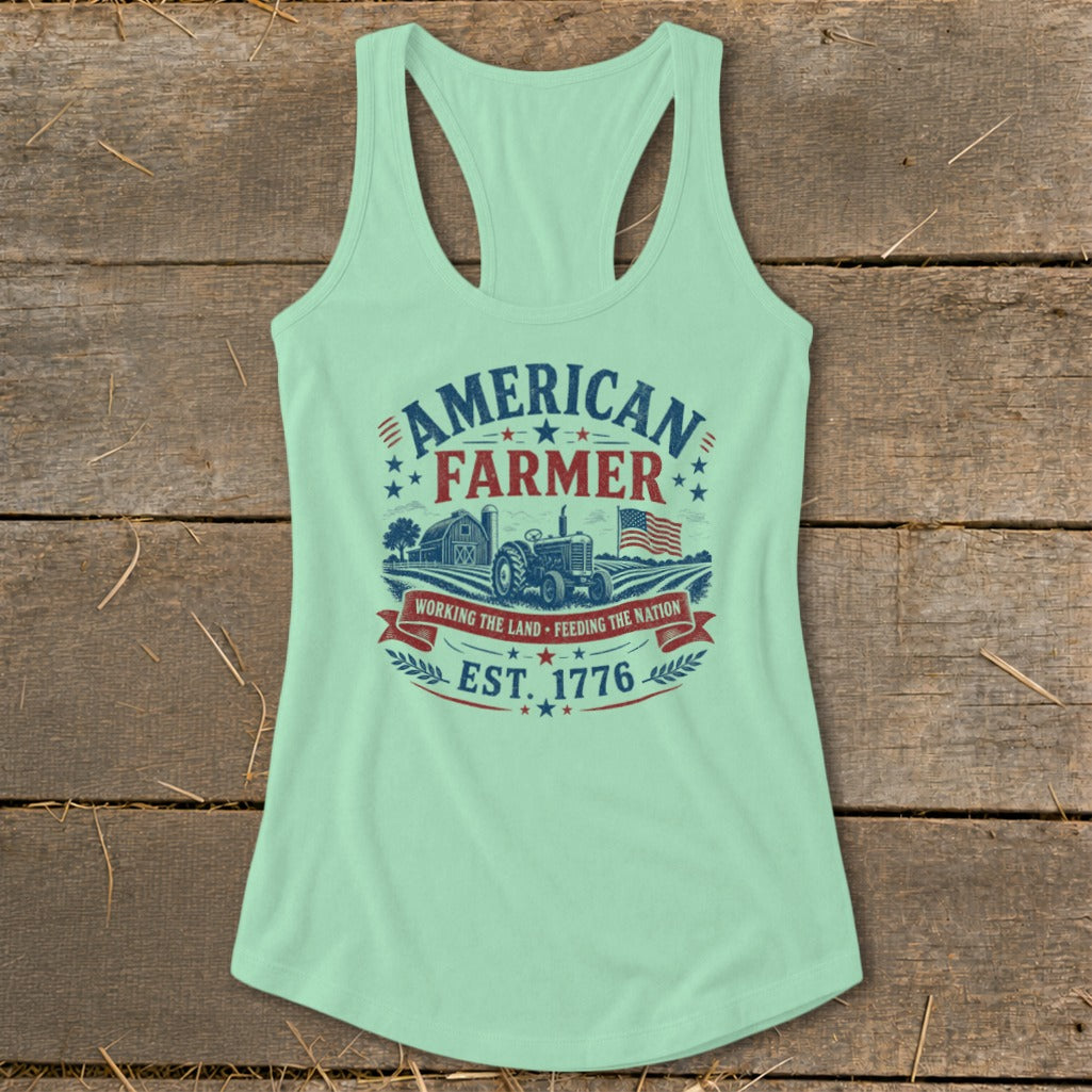 American Farmer graphic with tractor, barn, and flag, "Est. 1776".