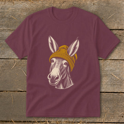 Maroon t-shirt with a sketched donkey wearing a mustard yellow beanie.