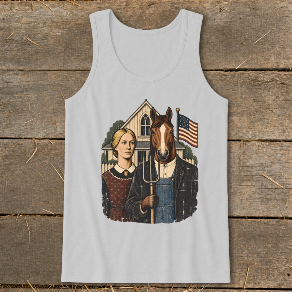 A light gray tank top featuring a graphic parody of American Gothic with a horse holding a pitchfork.