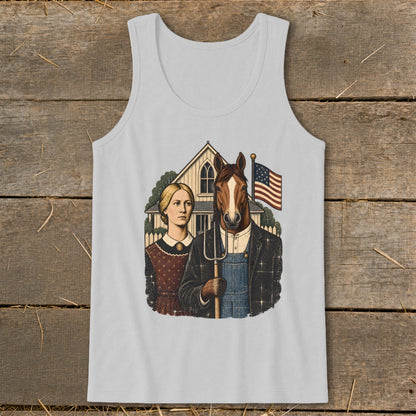 A light gray tank top featuring a graphic parody of American Gothic with a horse holding a pitchfork.