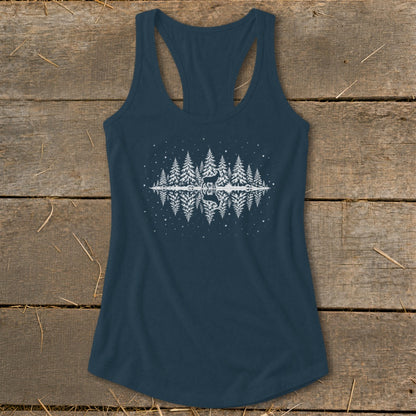 Navy tank top with white forest, deer, and reflection graphic.