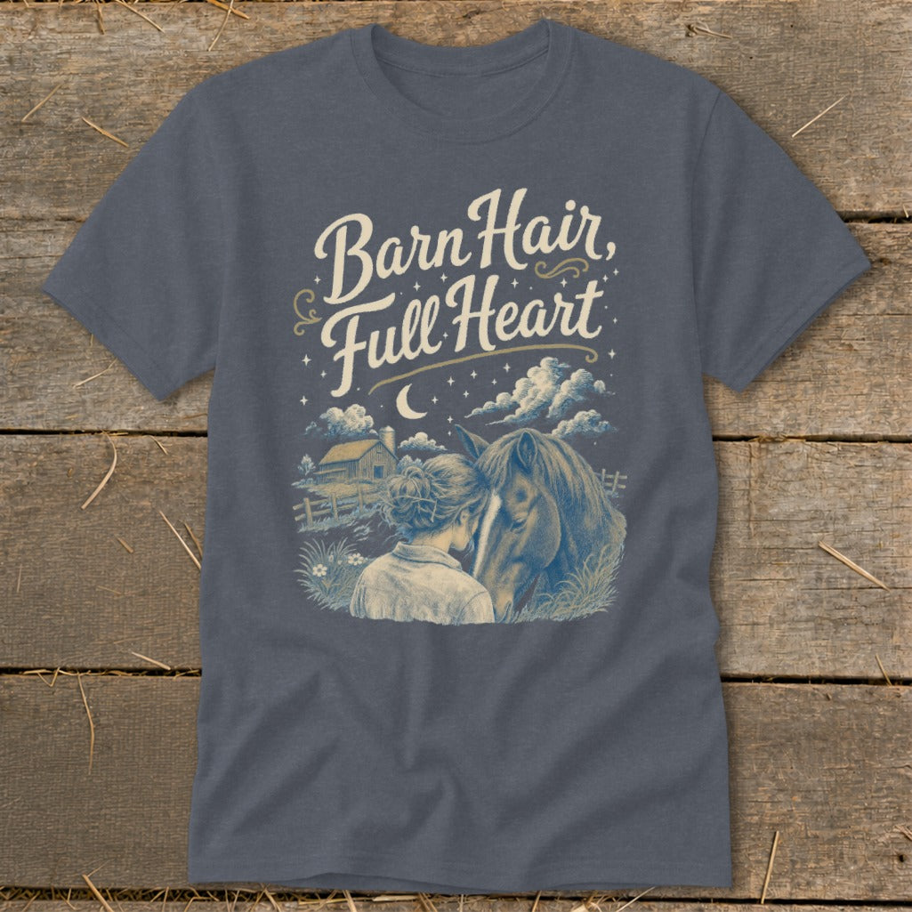 Graphic tee with "Barn Hair, Full Heart" text and a woman with her horse.
