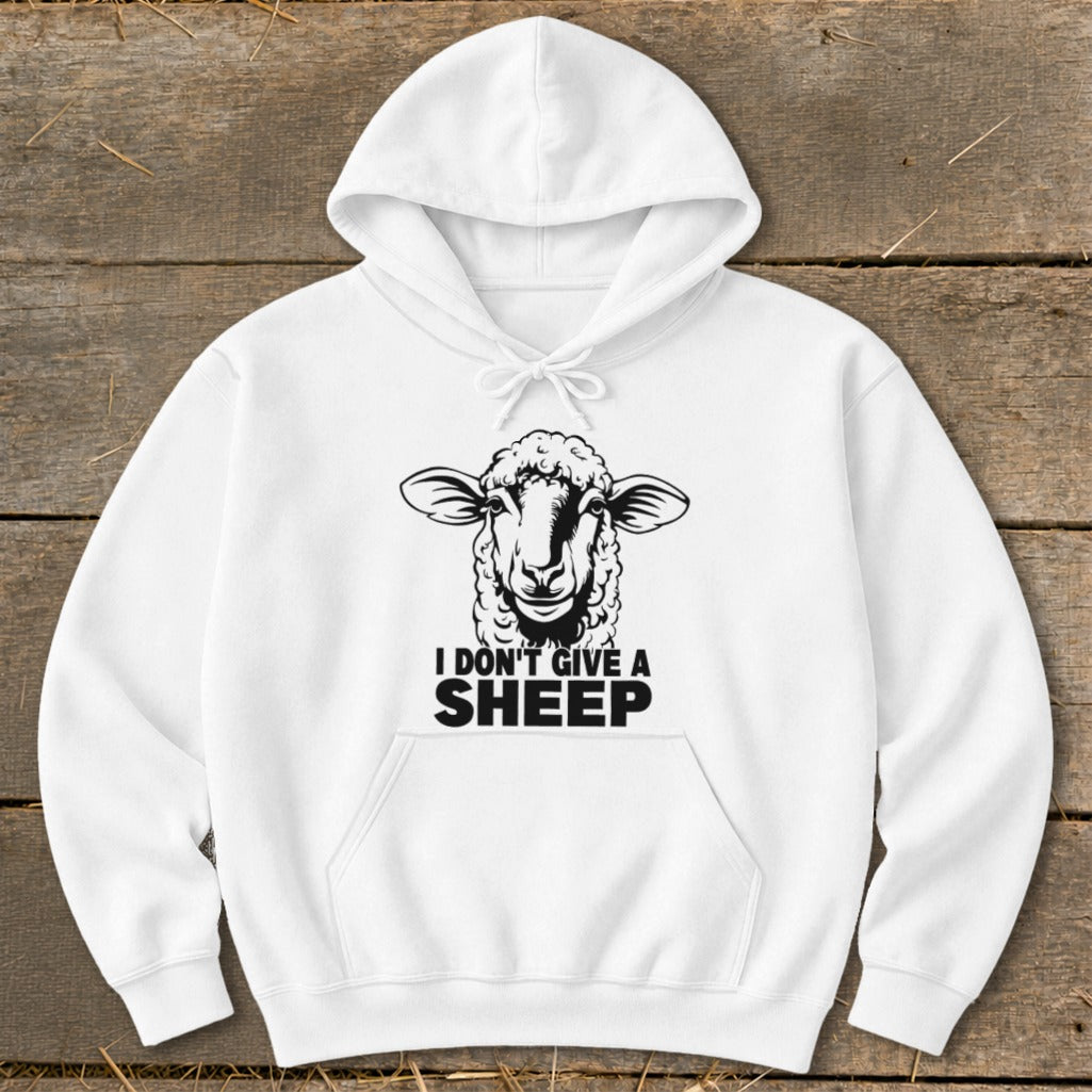 White hoodie with black graphic of a sheep and text "I DON'T GIVE A SHEEP".