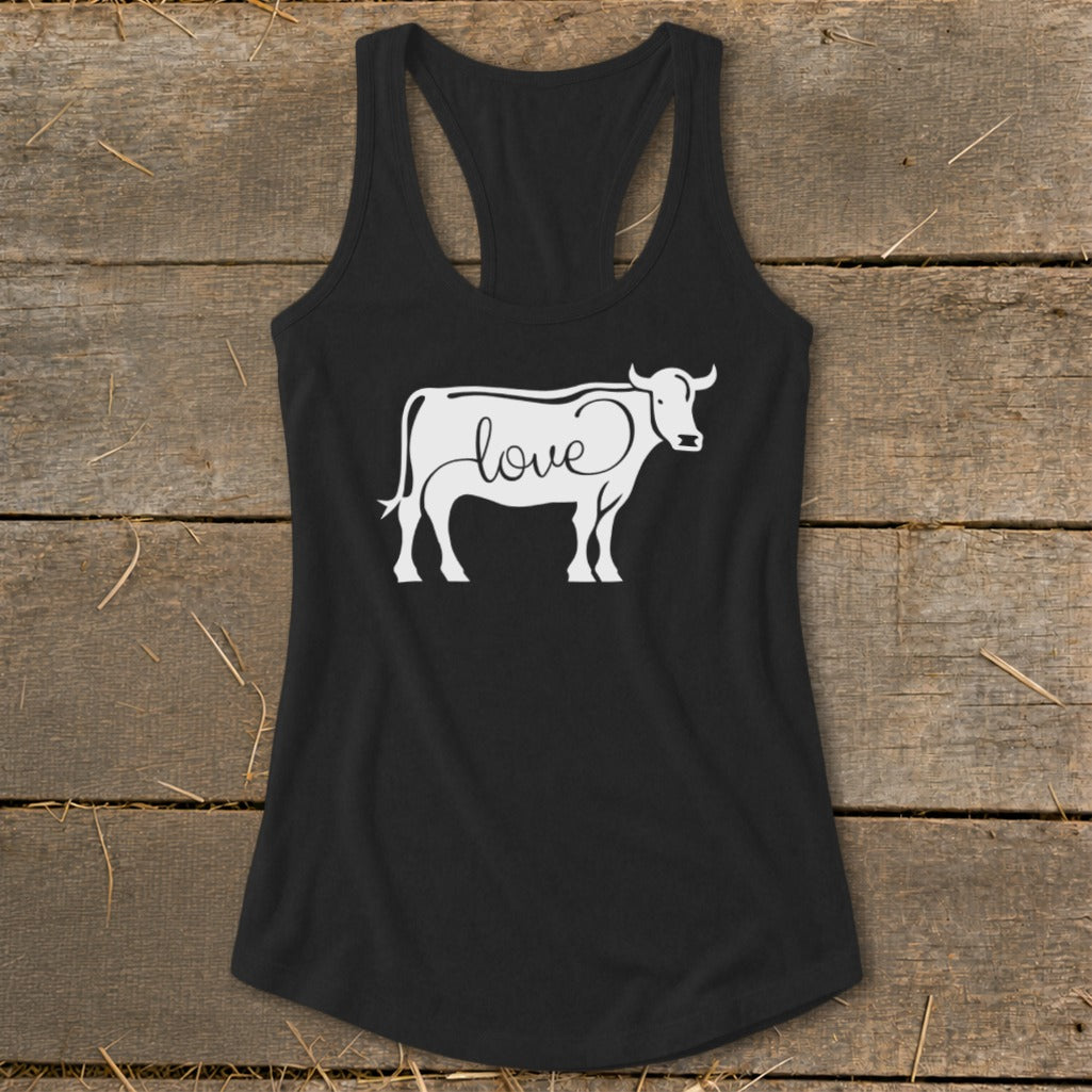 Black tank top with white outline of a cow and the word "love".