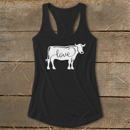 Black tank top with white outline of a cow and the word "love".