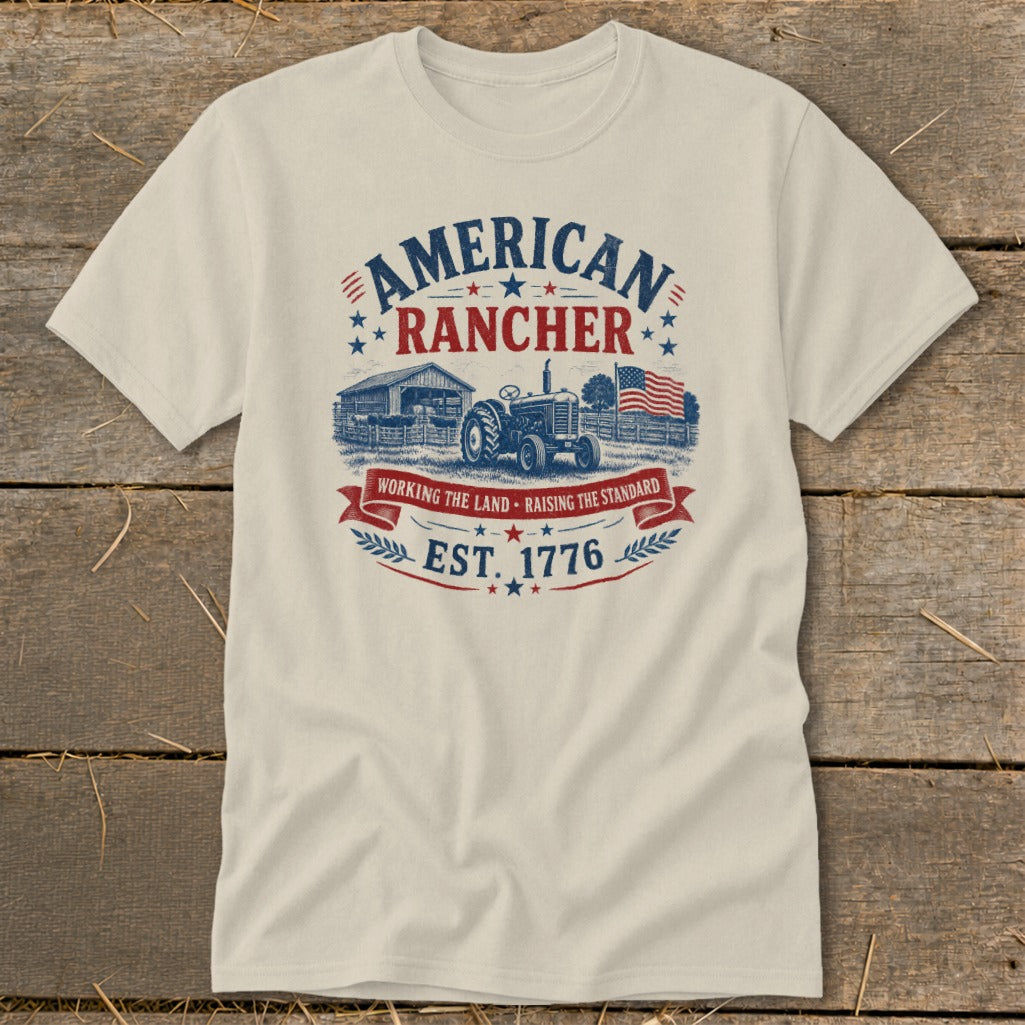 American Rancher tractor farm scene with text "Est. 1776".