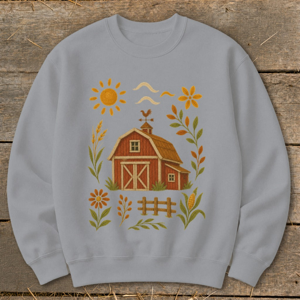 Light gray sweatshirt with a red barn and farm-themed embroidered design.