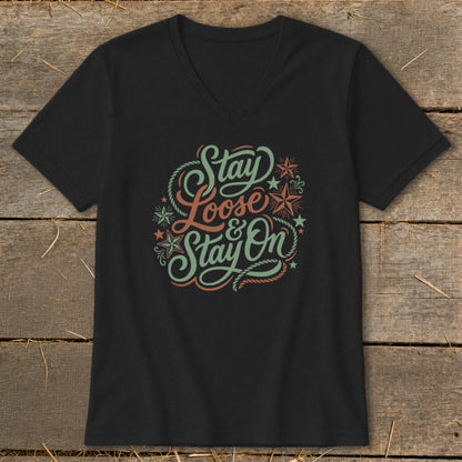 Black t-shirt with "Stay Loose & Stay On" in decorative script and stars.