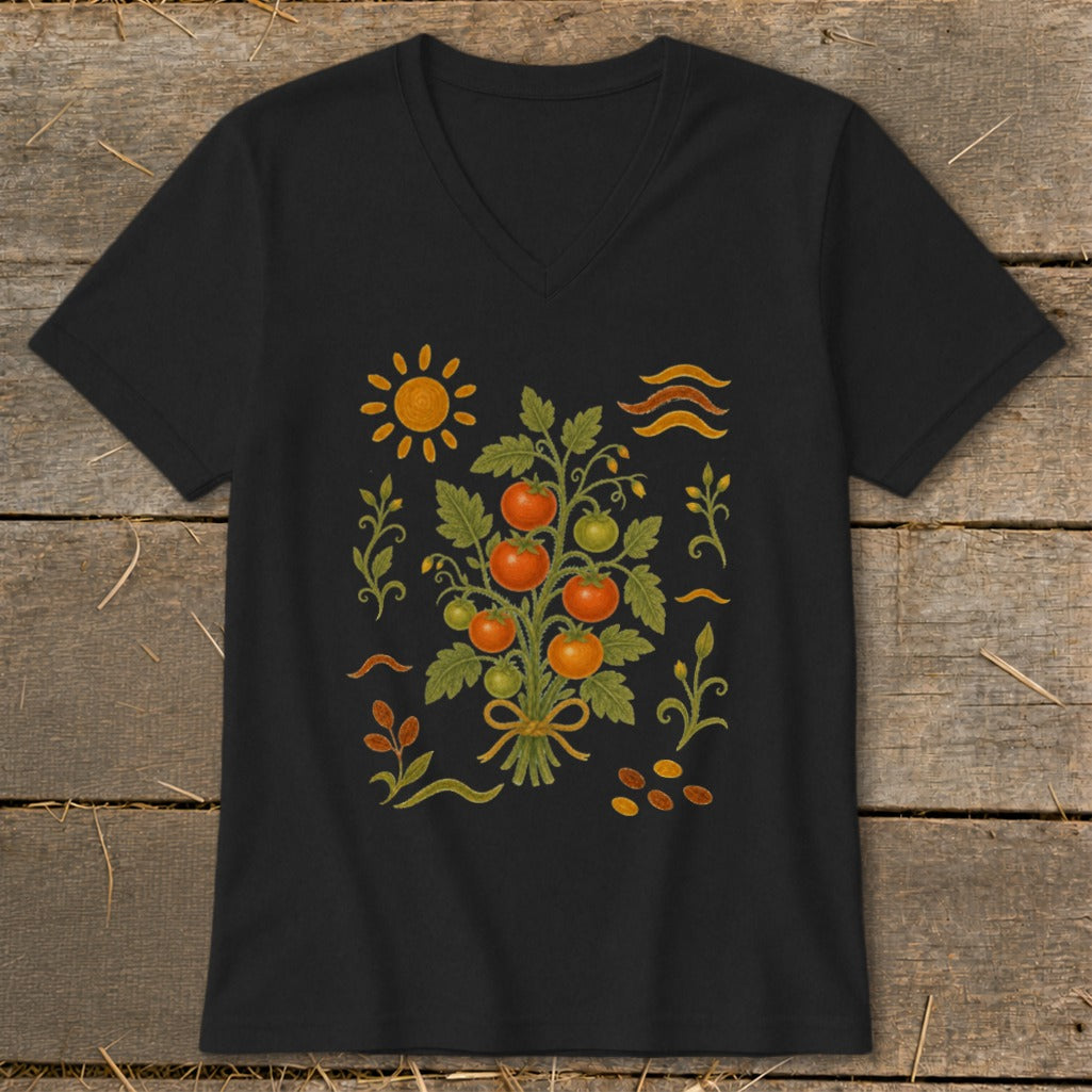 Black v-neck t-shirt with a folk art tomato plant illustration.