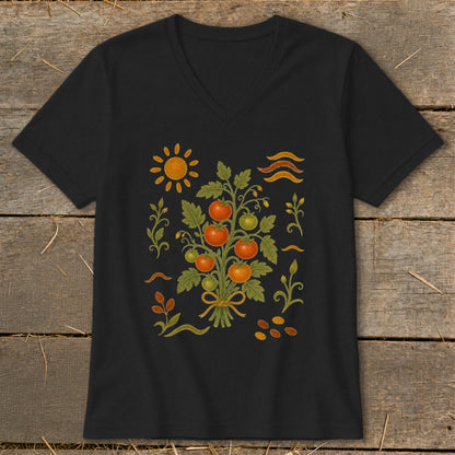 Black v-neck t-shirt with a folk art tomato plant illustration.