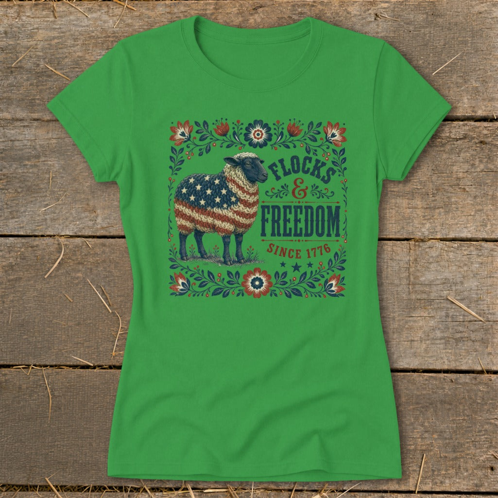 Sheep with American flag fleece, text reads "Flocks & Freedom Since 1776".