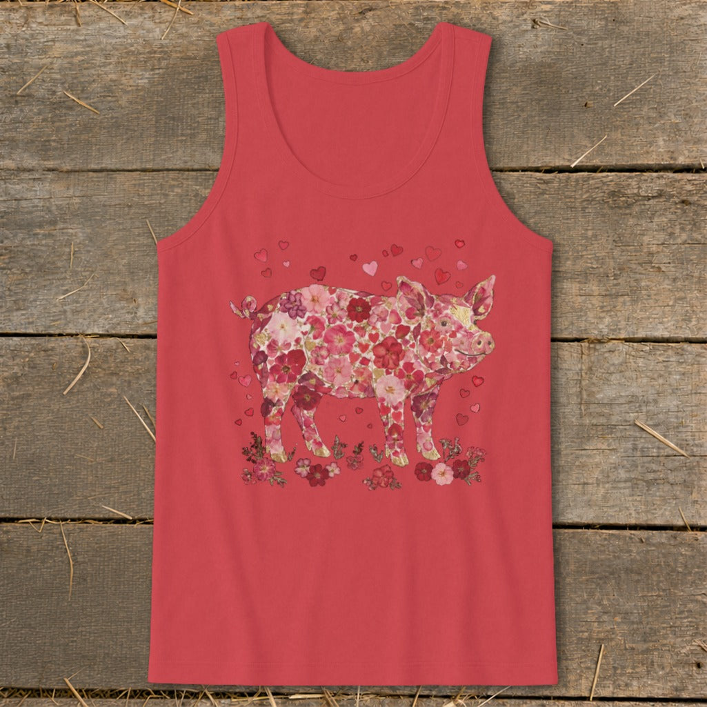 Red tank top with a floral pig and heart design.