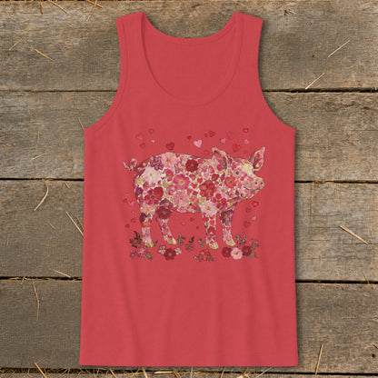 Red tank top with a floral pig and heart design.