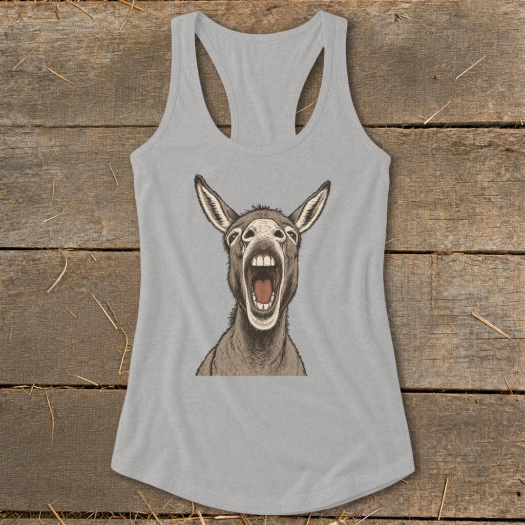 Gray tank top with a drawing of a donkey with its mouth wide open.