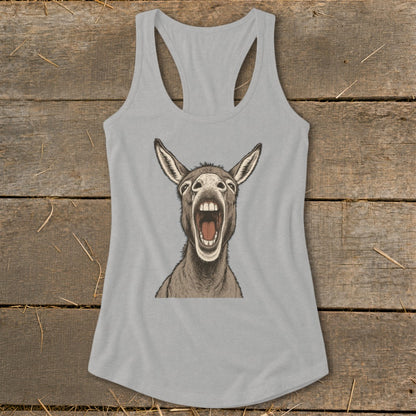 Gray tank top with a drawing of a donkey with its mouth wide open.