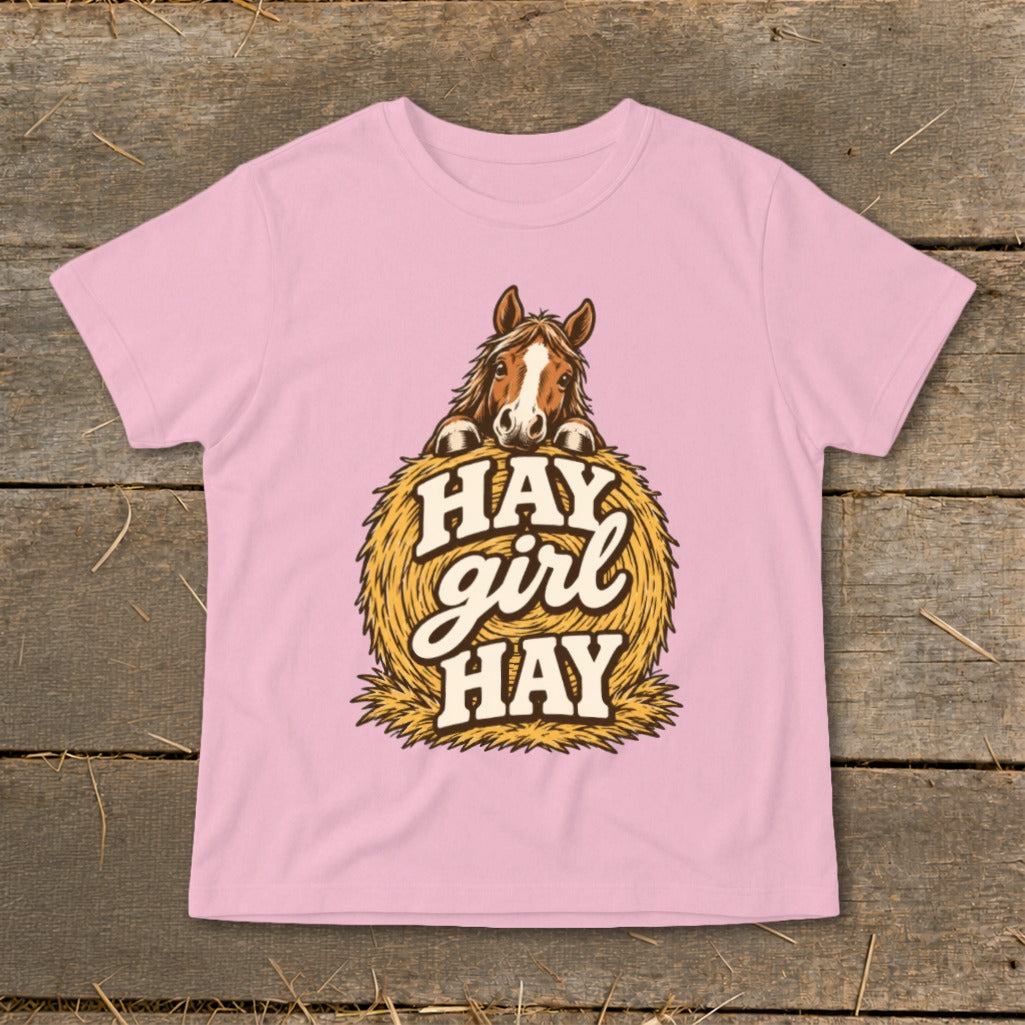 Pink t-shirt with horse and hay graphic with text "HAY girl HAY".