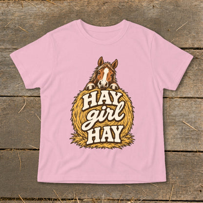 Pink t-shirt with horse and hay graphic with text "HAY girl HAY".