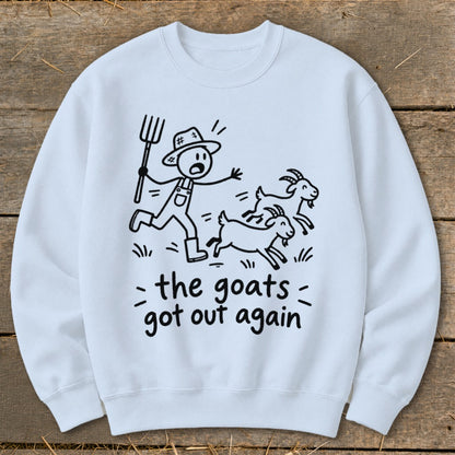 Farmer chasing goats with pitchfork, text reads "the goats got out again".